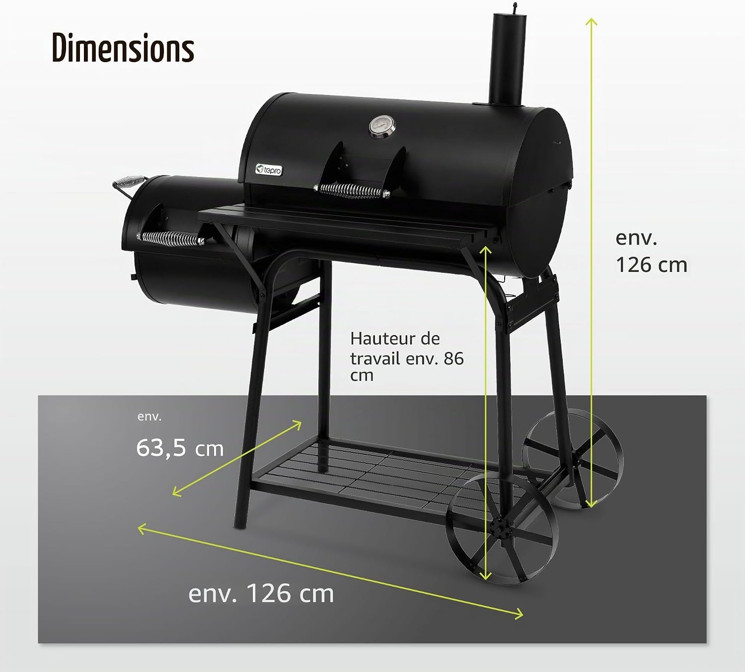 Tepro Gril à charbon Smoker Biloxi, surface de cuisson : environ 58 x 40 cm
