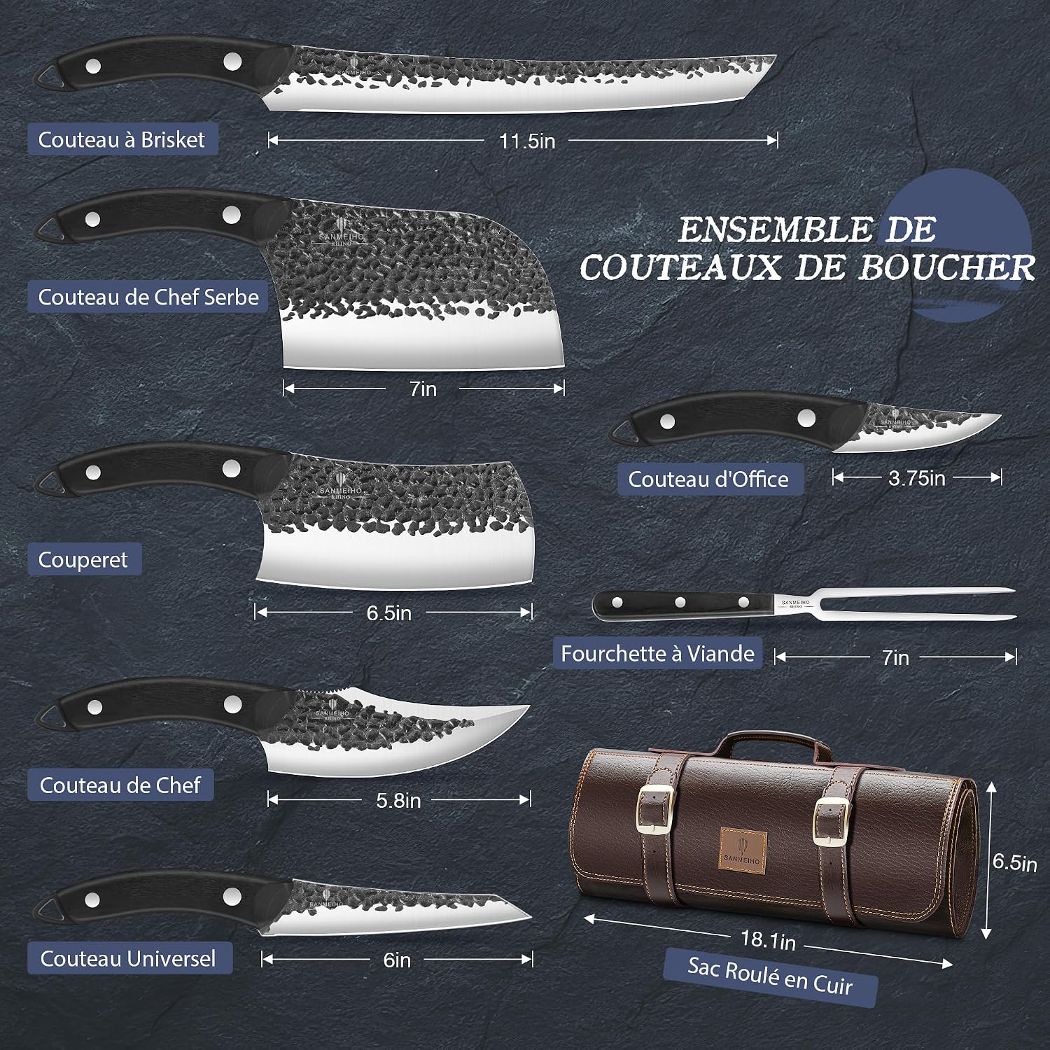 Set de Couteaux de Boucher 8 Pièces avec Sac de Rangement