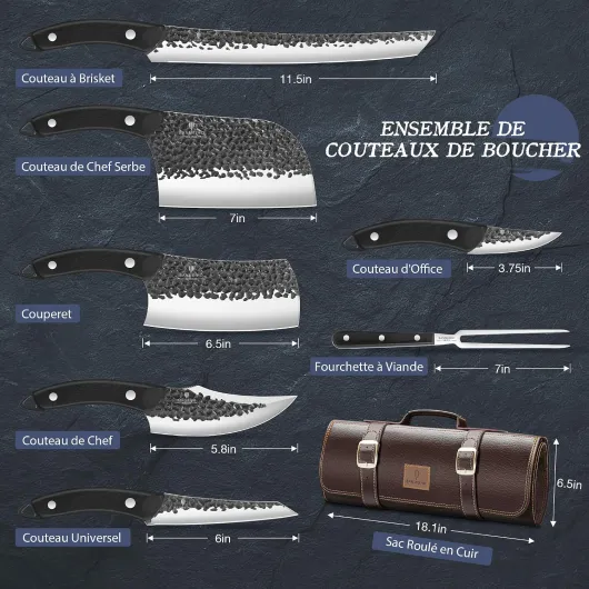 Set de Couteaux de Boucher 8 Pièces avec Sac de Rangement