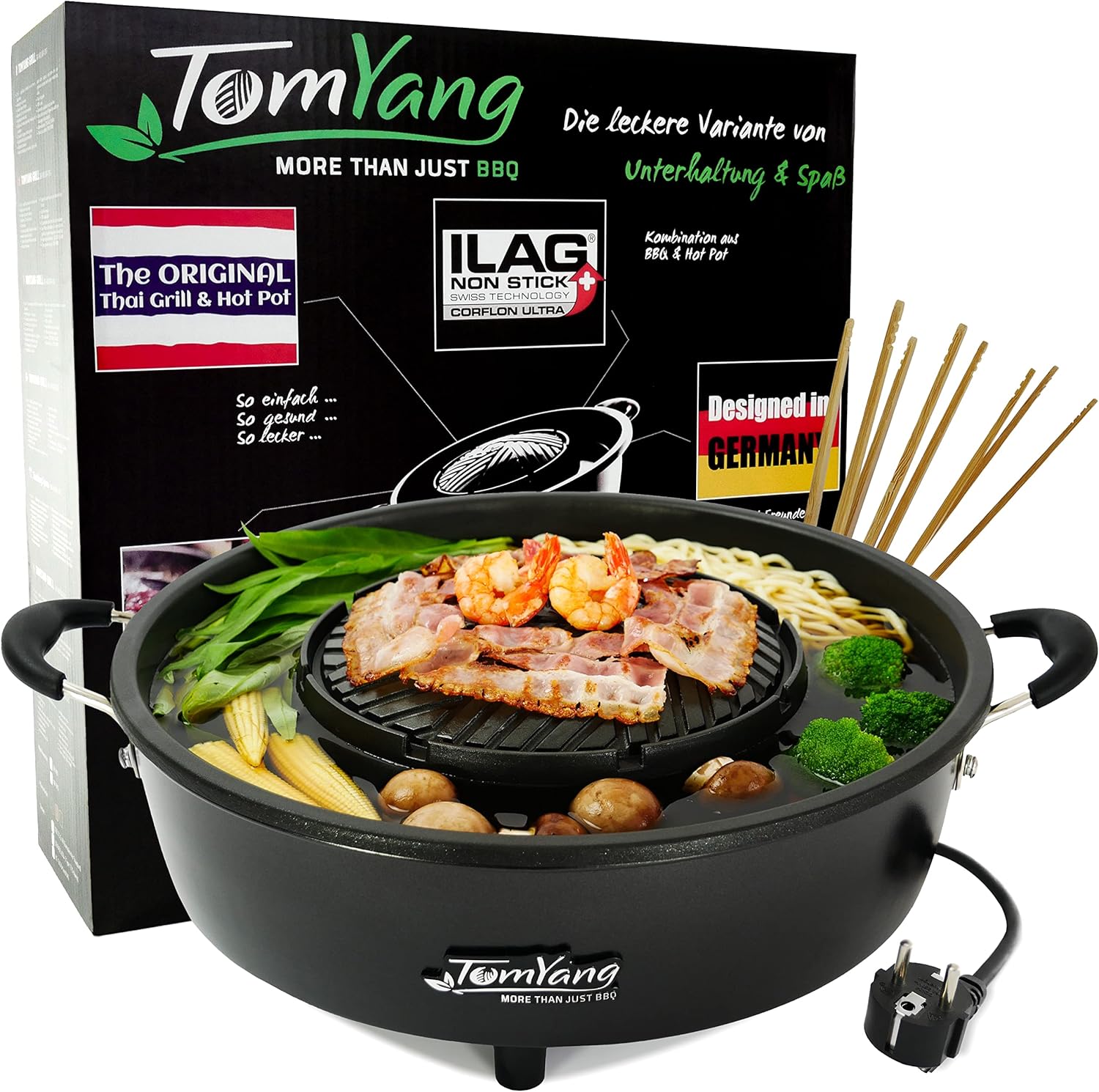 TomYang Hot Pot, barbecue thaïlandais et hot pot original, BBQ thai électrique multicuiseur, revêtement suisse, design allemand, +100 vidéos de recettes - Barbecue coréen de table, appareil raclette