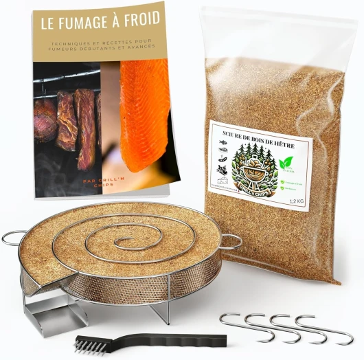 Générateur/Serpentin de Fumée Froide pour Fumoir Viande et Poisson + 1.2kg de Sciure de bois de hêtre + 4 crochets et 1 Brosse de nettoyage - Guide Numérique PDF à Télécharger (Offert)