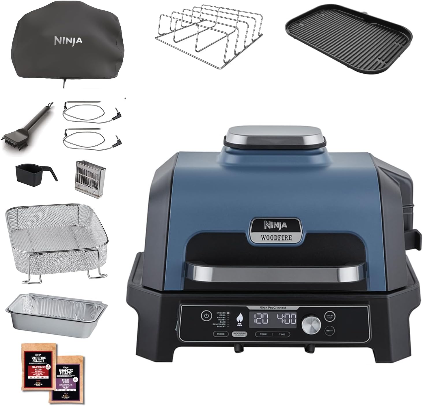 Woodfire Pro Connect XL Barbecue Électrique & Fumoir avec Contrôle d'Application, 2 Sondes, Grille, Housse, Revêtements & Brosse, Grill & Friteuse sans huile 7-en-1, Bleu & Noir OG901EUAMZ Woodfire Grill Pro Connect XL + Accessoires