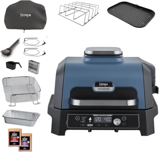 Woodfire Pro Connect XL Barbecue Électrique & Fumoir avec Contrôle d'Application, 2 Sondes, Grille, Housse, Revêtements & Brosse, Grill & Friteuse sans huile 7-en-1, Bleu & Noir OG901EUAMZ Woodfire Grill Pro Connect XL + Accessoires