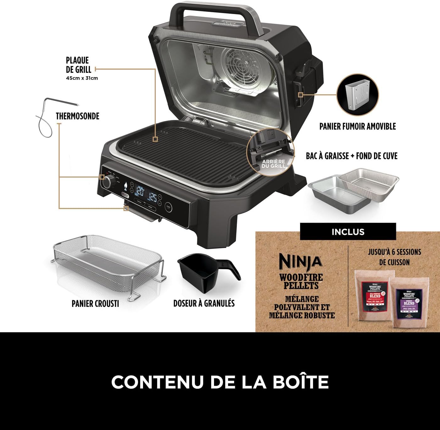 Ninja Woodfire Barbecue électrique et fumoir Pro XL avec thermomètre, barbecue et Air fryer d'extérieur 4-en-1 avec système Smart Cook et granulés Woodfire, portatif, gris/noir, OG850EU Woodfire Grill Pro XL