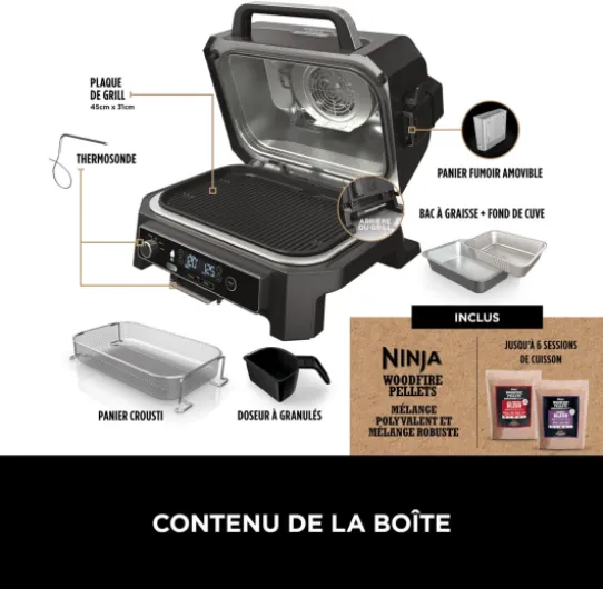 Ninja Woodfire Barbecue électrique et fumoir Pro XL avec thermomètre, barbecue et Air fryer d'extérieur 4-en-1 avec système Smart Cook et granulés Woodfire, portatif, gris/noir, OG850EU Woodfire Grill Pro XL