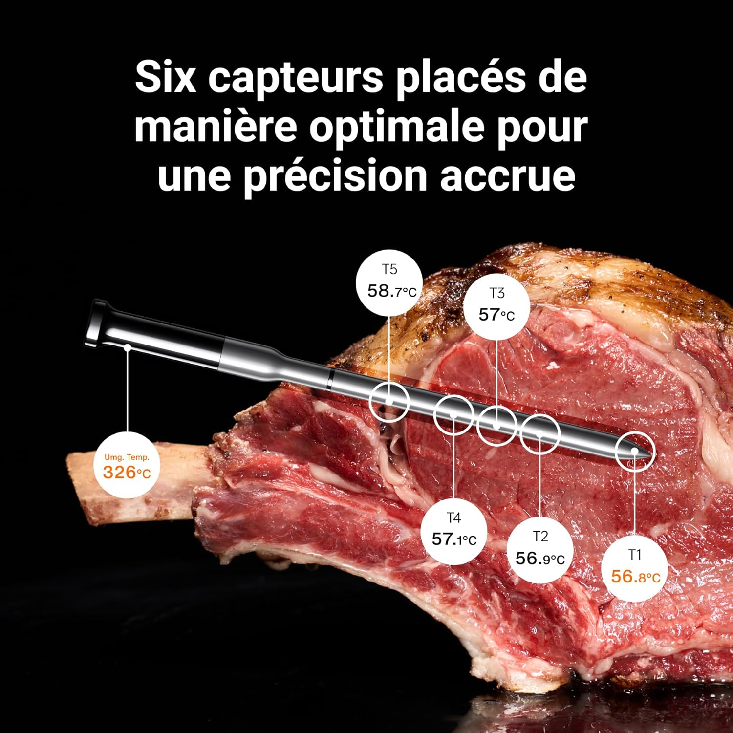 Thermomètre à viande WiFi sans fil Sync Gold, 4 sondes fines, 6 capteurs, signal 10 fois plus fort, précision de ± 0,3 °C, configuration directe de base intelligente, lecture fiable via le barbecue