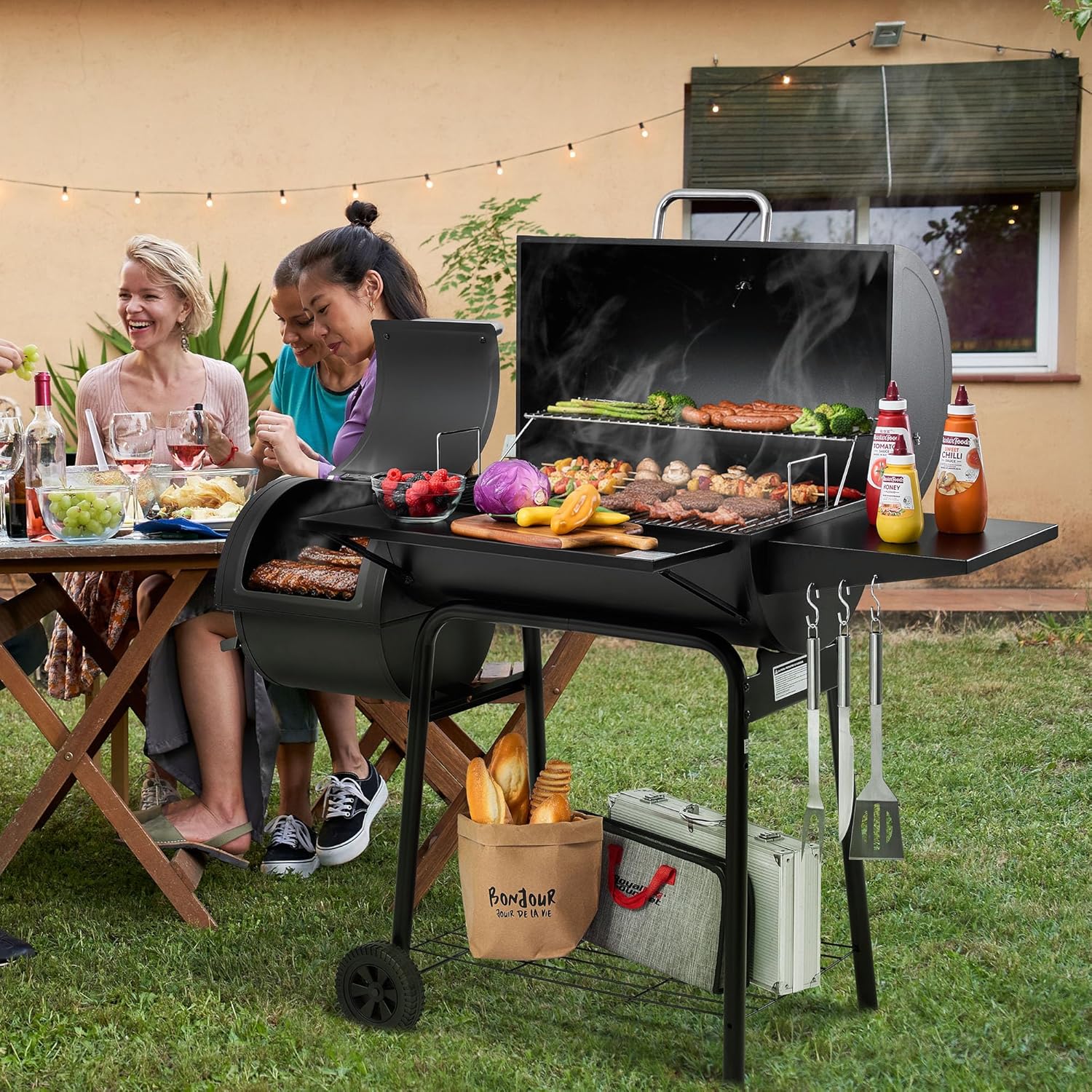 BBQ CC1830S Barbecue au charbon de bois et offset Smoker - 800 m² - Surface de cuisson extérieure pour le camping - Noir Grill-Upgrade