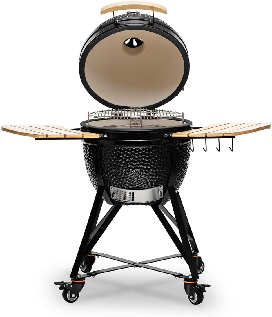 BBQ Charbon Media - Kamado Barbecue ceramique Ø 51cm avec 12 ustensiles de cuisson - Noir Barbecue fumoir charbon de bois livré avec des ustensiles de cuisine supplémentaires Noir/Transparent