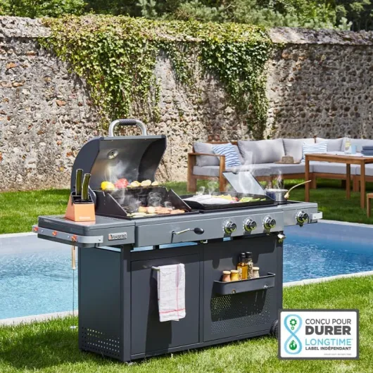 BY FAVEX – Bi‑Energy Gun Metal – Plancha gaz & barbecue charbon avec brûleur latéral – 12,95 kW – Plaque fonte émaillée 60 x 42 cm – Grille fonte – Jusqu'à 14 convives – Certifié LONGTIME