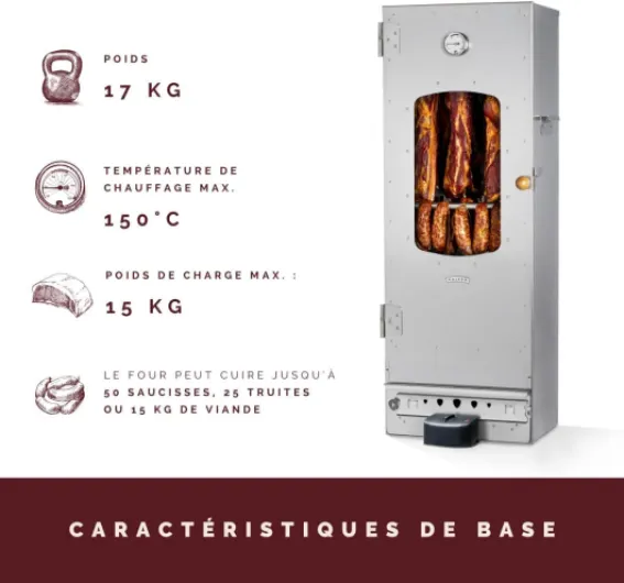 Fumoir électrique de haute qualité KAISER COMPANY '100' l Ce fumoir est fabriqué en acier inoxydable I Fumoir portable de 110 cm I Idéal pour fumer I Il peut accueillir jusqu'à 15 kg de viande