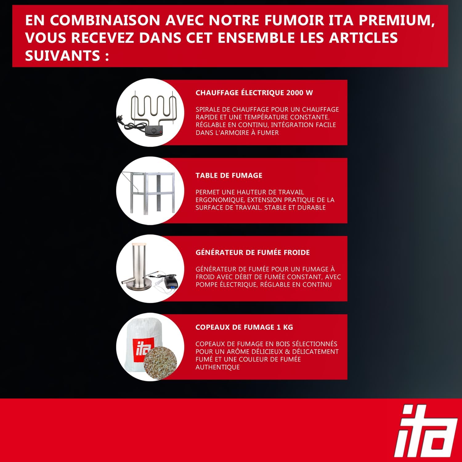 ITA Fumoir Électrique 7012 - Set Smoker avec chauffage, table, générateur de fumée - Armoire avec fenêtre & cheminée - Acier allié - Qualité UE, Direct fabricant Smoker avec chauffage + table + générateur de fumée