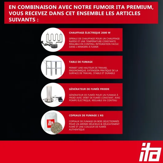 ITA Fumoir Électrique 7012 - Set Smoker avec chauffage, table, générateur de fumée - Armoire avec fenêtre & cheminée - Acier allié - Qualité UE, Direct fabricant Smoker avec chauffage + table + générateur de fumée