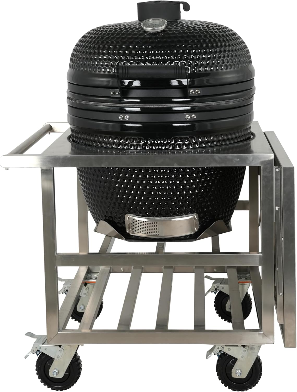 Barbecue Kamado au Charbon de Bois NAGADO, Céramique, Noir, Surface de Cuisson Ø 57 cm, Thermomètre Intégré, Socle Inox avec Roulettes et Table Latérale Pliante