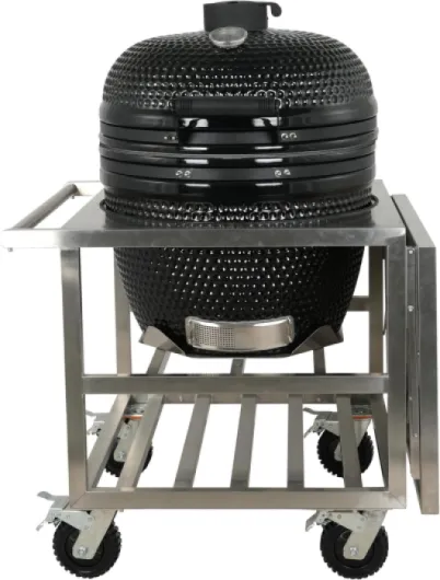Barbecue Kamado au Charbon de Bois NAGADO, Céramique, Noir, Surface de Cuisson Ø 57 cm, Thermomètre Intégré, Socle Inox avec Roulettes et Table Latérale Pliante