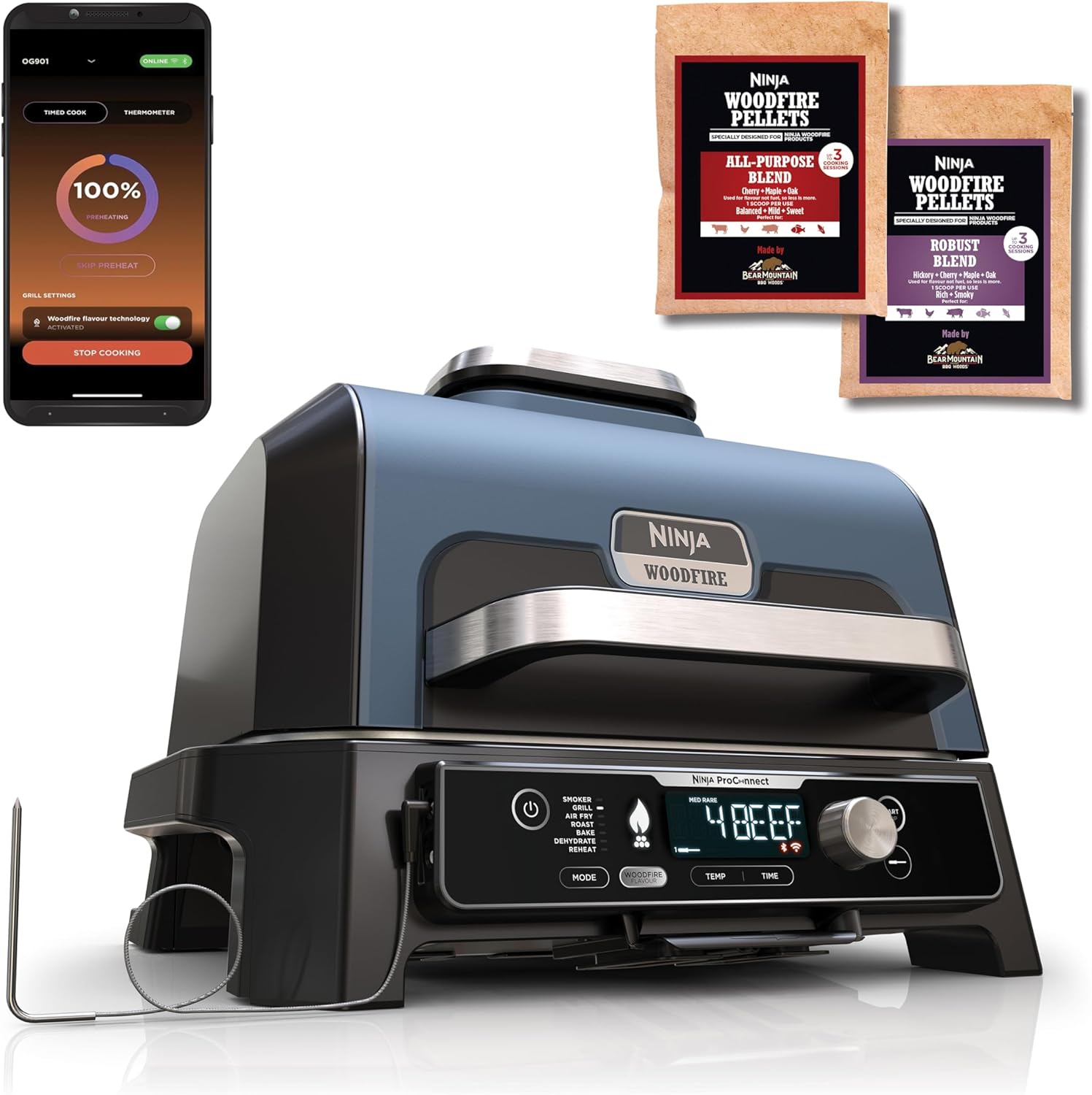 Ninja Woodfire Pro Connect XL BBQ Électrique Grill & Fumoir, Contrôle via App & Woodfire Table d'appoint, support réglable et latérale, support pour barbecue, grill et four d'extérieur + Table d'appoint