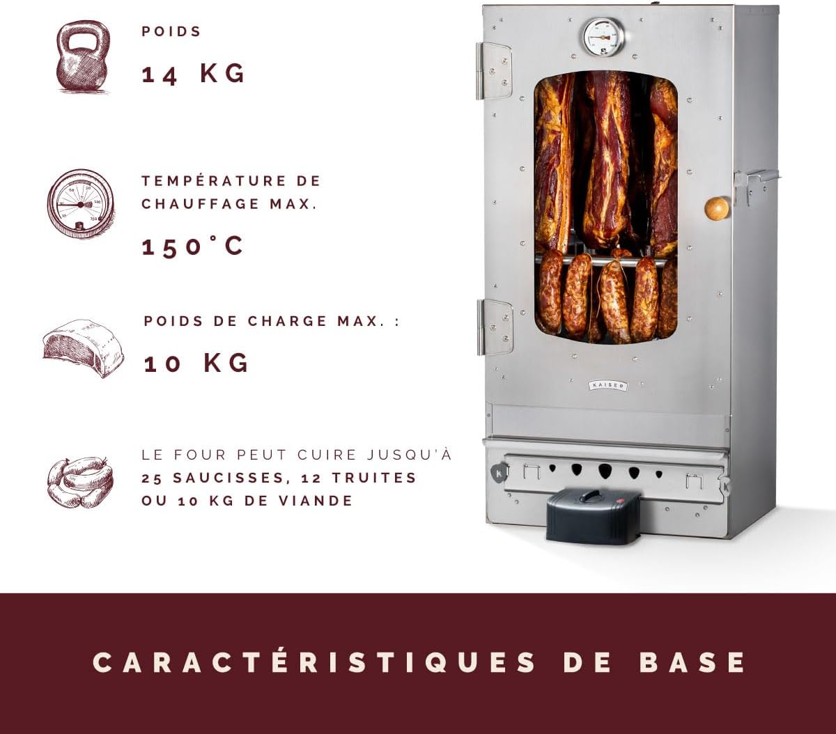 Fumoir électrique de haute qualité KAISER COMPANY '50' l Ce fumoir est fabriqué en acier inoxydable I Fumoir portable de 80 cm I Idéal pour fumer I Il peut contenir jusqu'à 10 kg de viande 80 cm - Électrique
