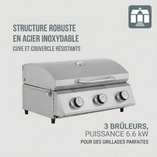 Barbecue à Gaz Portable CATHAN 3 Brûleurs, Acier Inoxydable, 6.6 kW, Couvercle avec Thermomètre, Allumage Piézoélectrique, Argent