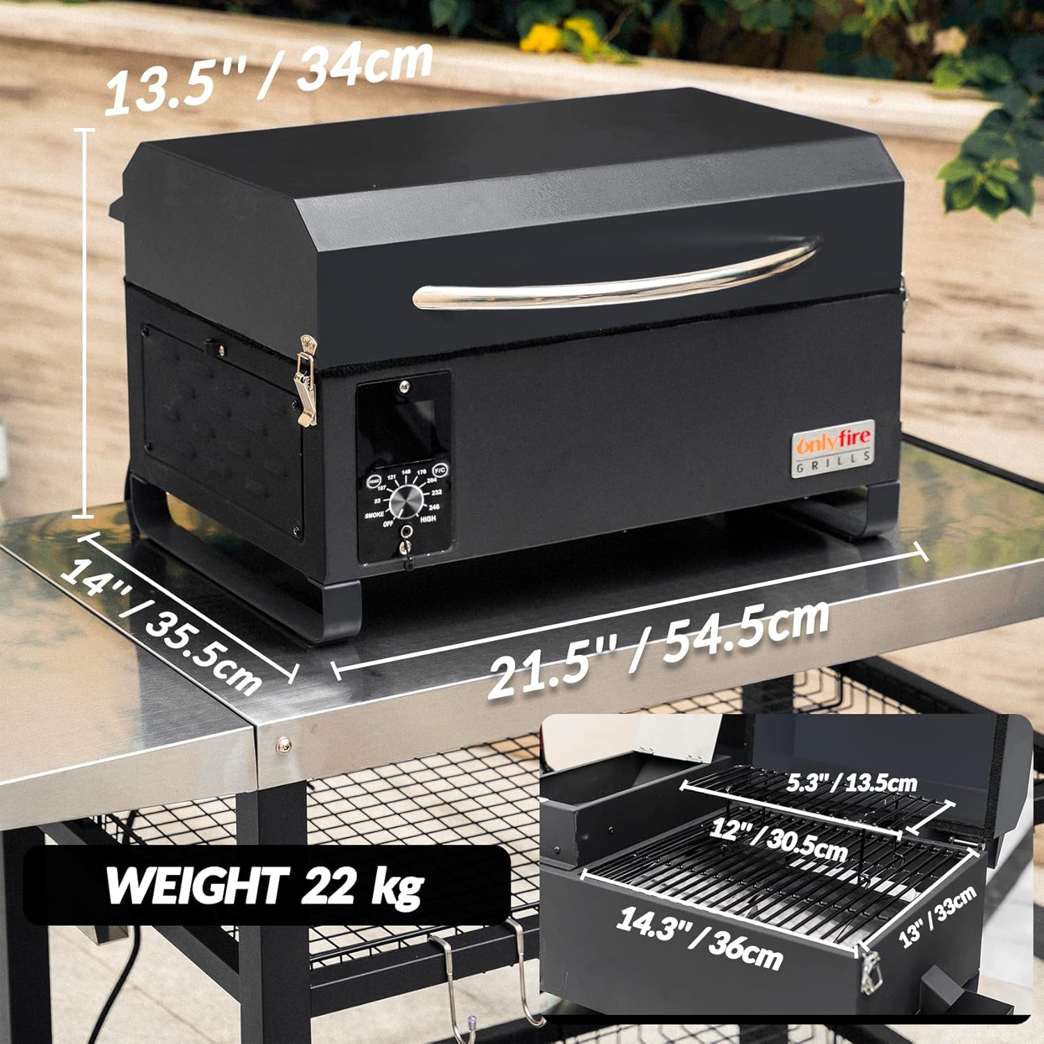 Barbecue à Granulés avec Régulateur de Température, Fumoir Compact en Inox avec Grille de Réchauffage, Barbecue à Pellet de Bois Portable, 54,5 x 35,5 x 34 cm, Noir standard Noir