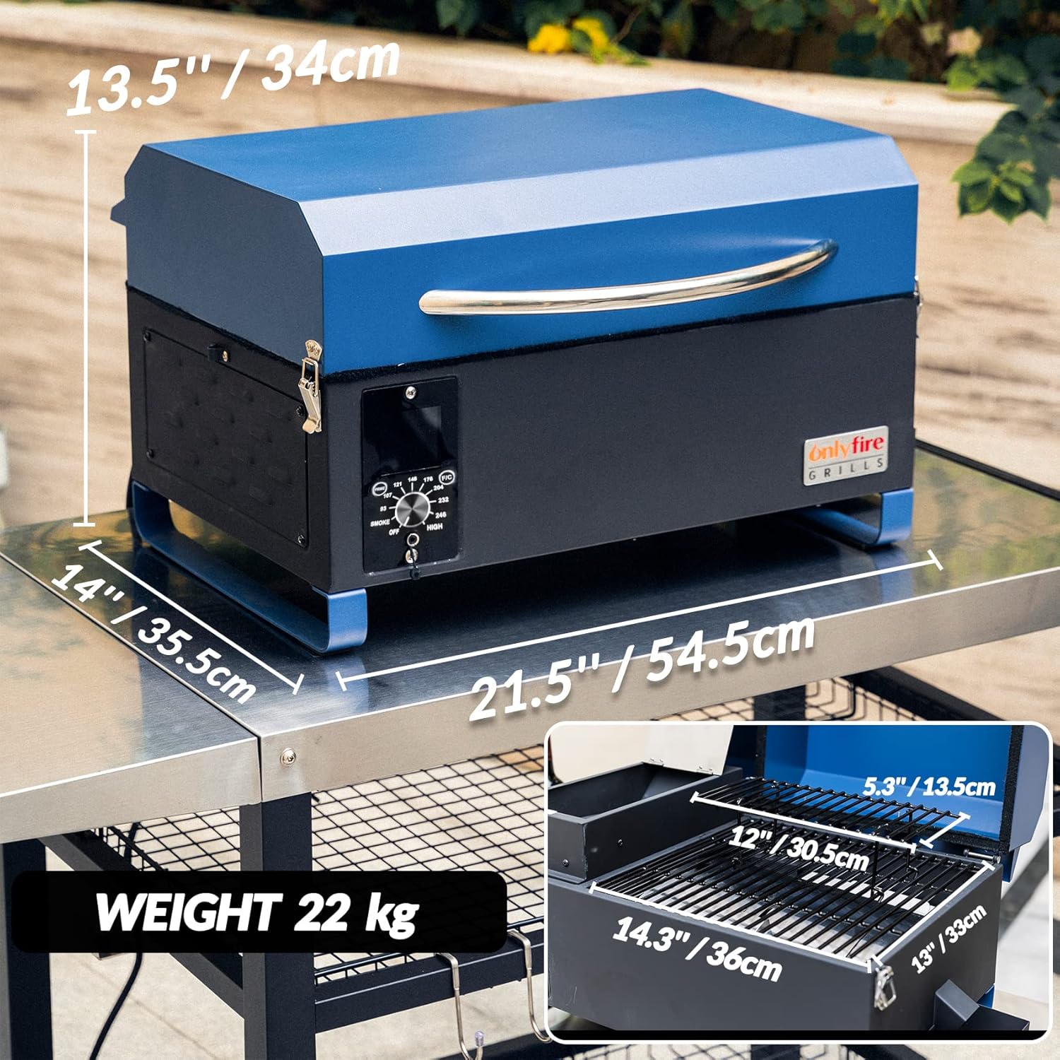 Barbecue à Granulés avec Régulateur de Température, Fumoir Compact en Inox avec Grille de Réchauffage, Barbecue à Pellet de Bois Portable, 54,5 x 35,5 x 34 cm, Bleu standard Bleu