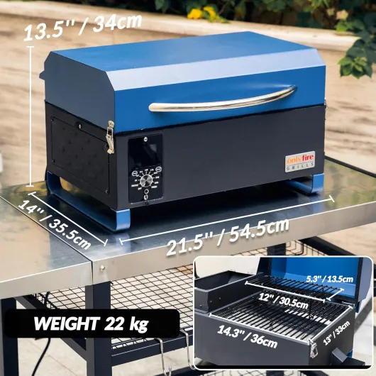 Barbecue à Granulés avec Régulateur de Température, Fumoir Compact en Inox avec Grille de Réchauffage, Barbecue à Pellet de Bois Portable, 54,5 x 35,5 x 34 cm, Bleu standard Bleu