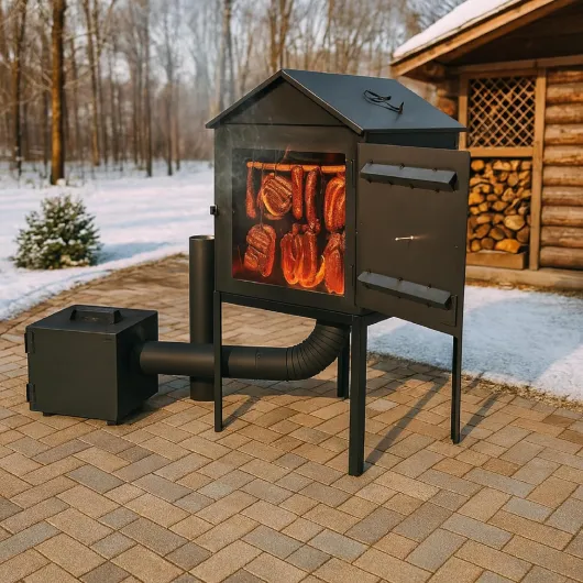 QLS Fumoir en métal avec bac à feu – 50 × 50 × 50 cm – Avec thermomètre, 6 crochets, déflecteur, jeu de tubes – Construction robuste en tôle d'acier résistant à la chaleur