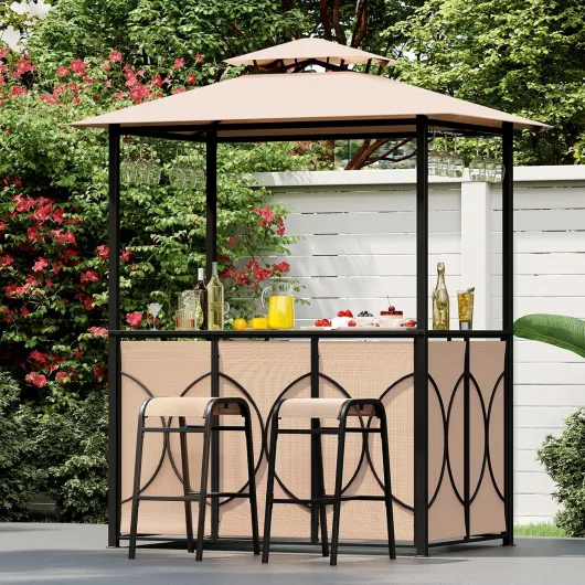 Tonnelle de Barbecue avec 2 Tabourets de Bar, Auvent de Réception pour Jardin avec Plateau en Verre Trempé, Étagères de Rangement, Structure en Métal, 194 x 121 x 242 cm, Marron Marron 194 x 121 x 242 cm