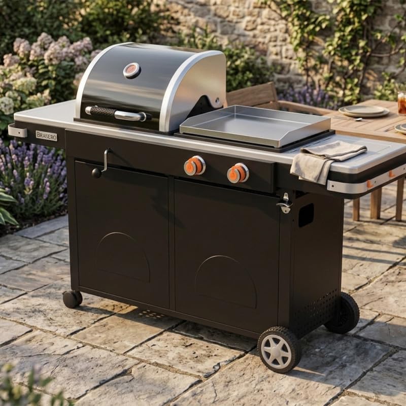 BY FAVEX – Plancha gaz et barbecue charbon Bi‑Energy L – Housse de protection incluse – 2 x 3,6 kW – plaque inox 49 x 42 cm – grille 48 x 42 cm - Réglage charbon par manivelle – 12 convives