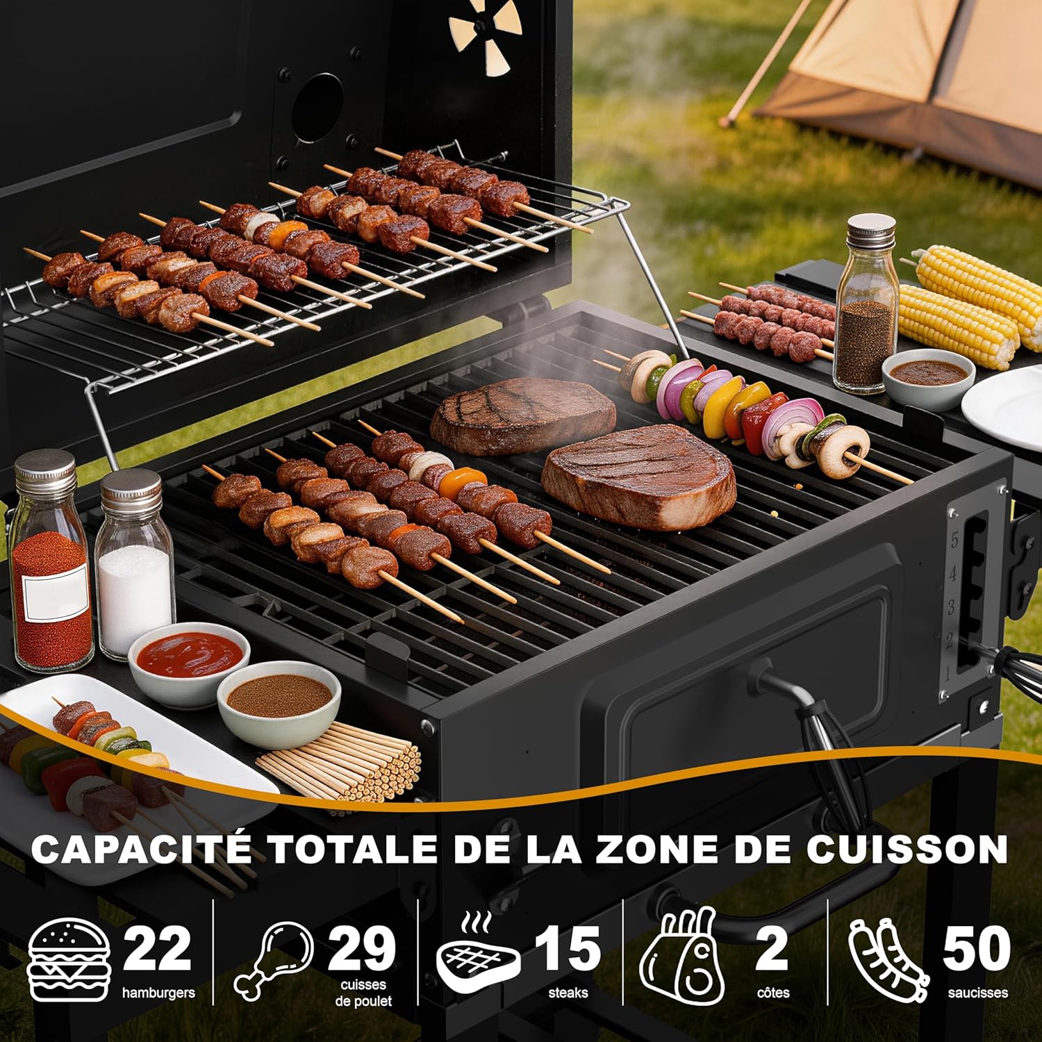 Barbecue au Charbon XXL -Thermomètre Intégré, Gants Anti-Chaleur, Cheminée, Ouvre-Bouteille & Fumoir - 6 vitesses Grand Modèle pour Grillades Extérieures, Partis et Famille