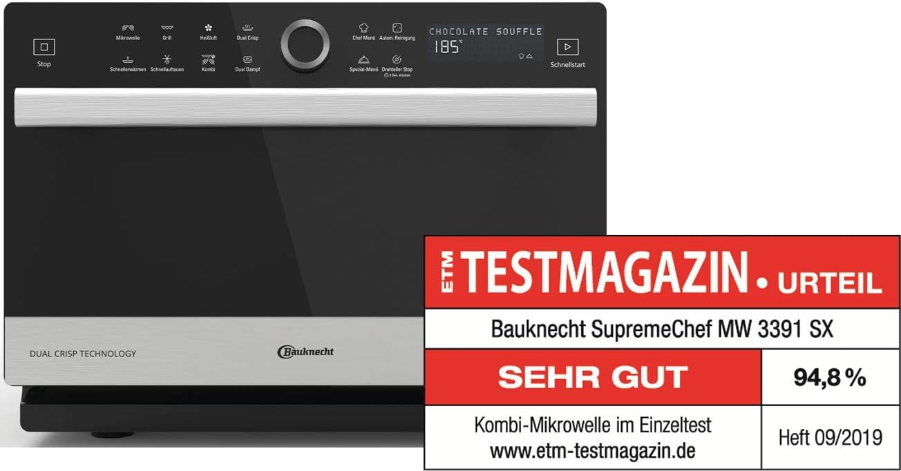 Bauknecht Supreme Chef MW 3391 SX - Micro-ondes multifonction 5 en 1-1000 W - Espace de cuisson : 33 l - Air chaud : 1700 W - Grill XXL : 1200 W - DualCrisp & CrispFry - AutoClean - Cuisson à la