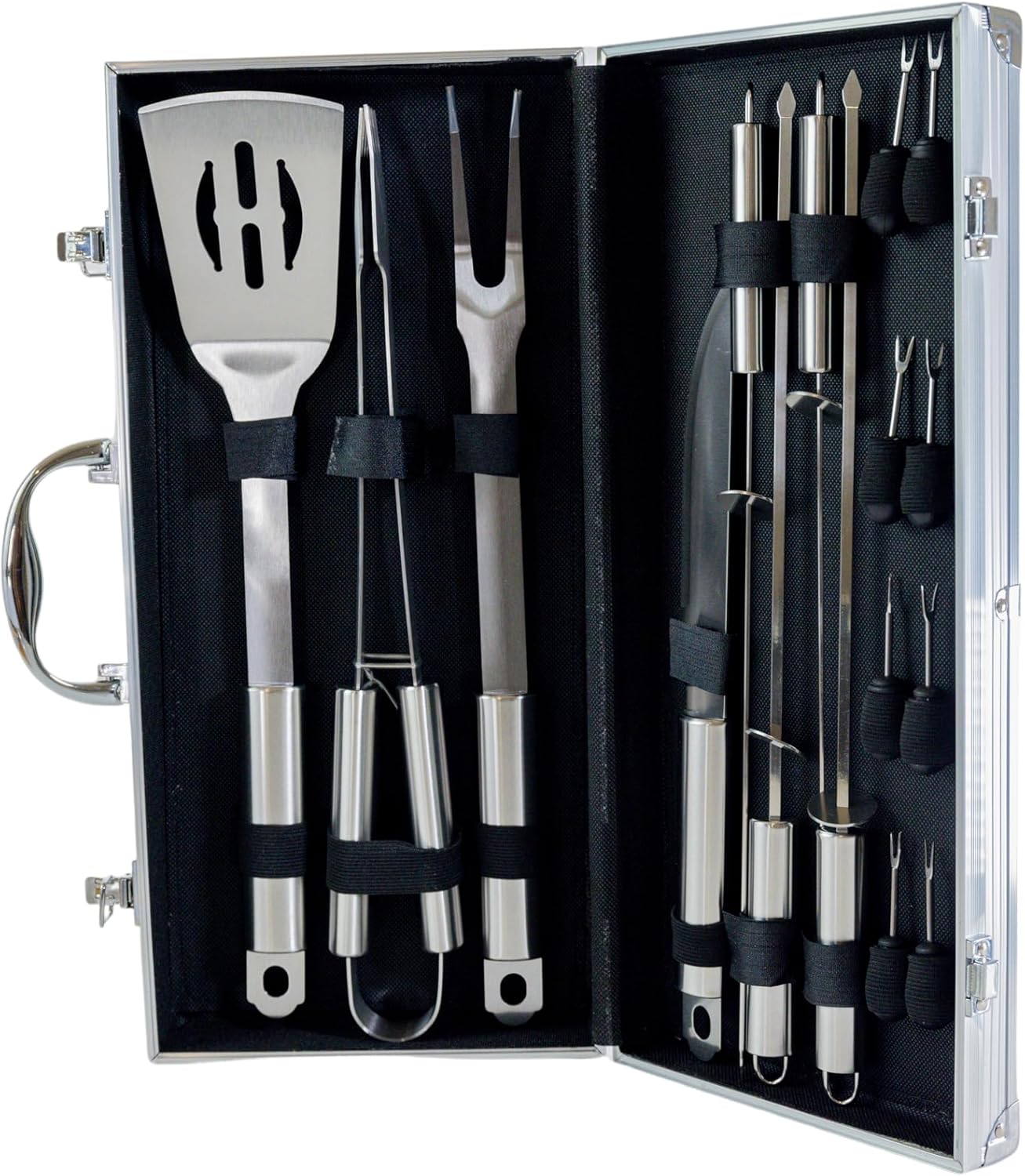 WB107 - Mallette Barbecue 16 pcs - Essentiels - Ustensiles Inox avec Manches Résistants - Spatule, Pince, Fourchette, Couteau, Brochettes - Lave-Vaisselle - Mallette de Rangement