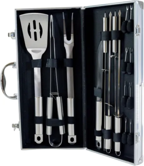 WB107 - Mallette Barbecue 16 pcs - Essentiels - Ustensiles Inox avec Manches Résistants - Spatule, Pince, Fourchette, Couteau, Brochettes - Lave-Vaisselle - Mallette de Rangement