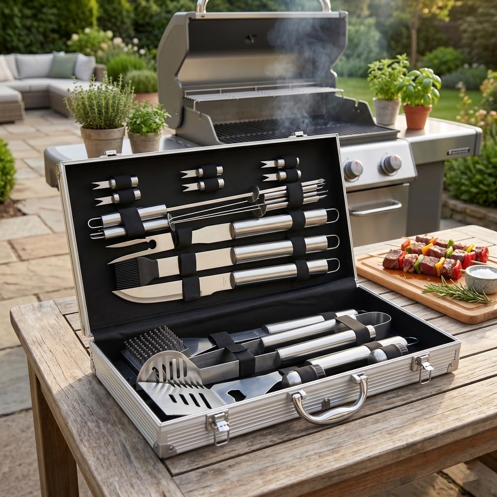 Mastercook Kit d'accessoires Professionnels en Acier pour Barbecue avec Valise, kit d'accessoires BBQ avec Pinces, fourches, spatule et brosses, Mallette d'outils Barbecue