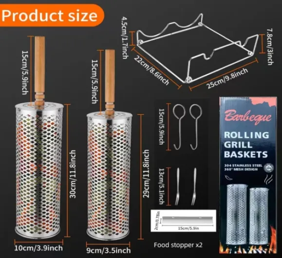 Kit de Barbecue Premium avec Paniers Roulants, Ustensiles et Brosse de Nettoyage - Acier Inoxydable 304 - Idéal pour Barbecues à Charbon, Gaz et Électriques - Accessoires de BBQ