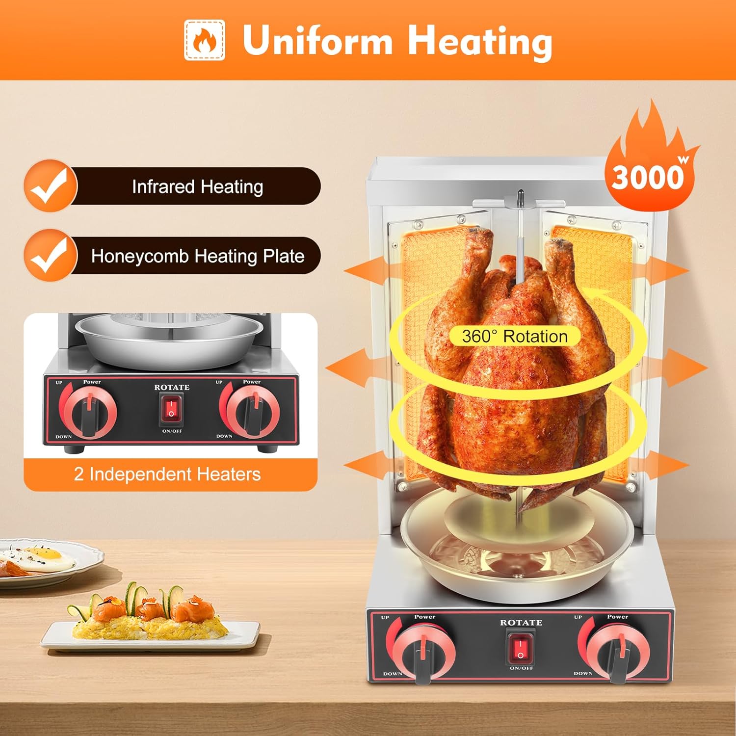 Machine à Kebab Gaz 3000W, Rôtissoire Verticale Shawarma Gyros avec Rotation 360°, 2 Brûleurs, Température RT-300°C, Grill Inox Grande Capacité 8 kg/12 kg Max pour Restaurant Snack Bar Maison