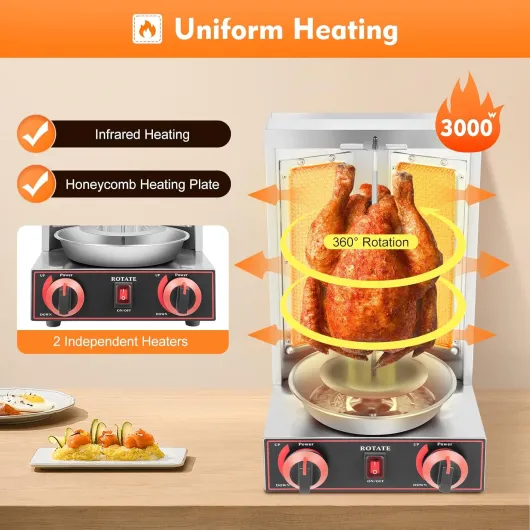 Machine à Kebab Gaz 3000W, Rôtissoire Verticale Shawarma Gyros avec Rotation 360°, 2 Brûleurs, Température RT-300°C, Grill Inox Grande Capacité 8 kg/12 kg Max pour Restaurant Snack Bar Maison