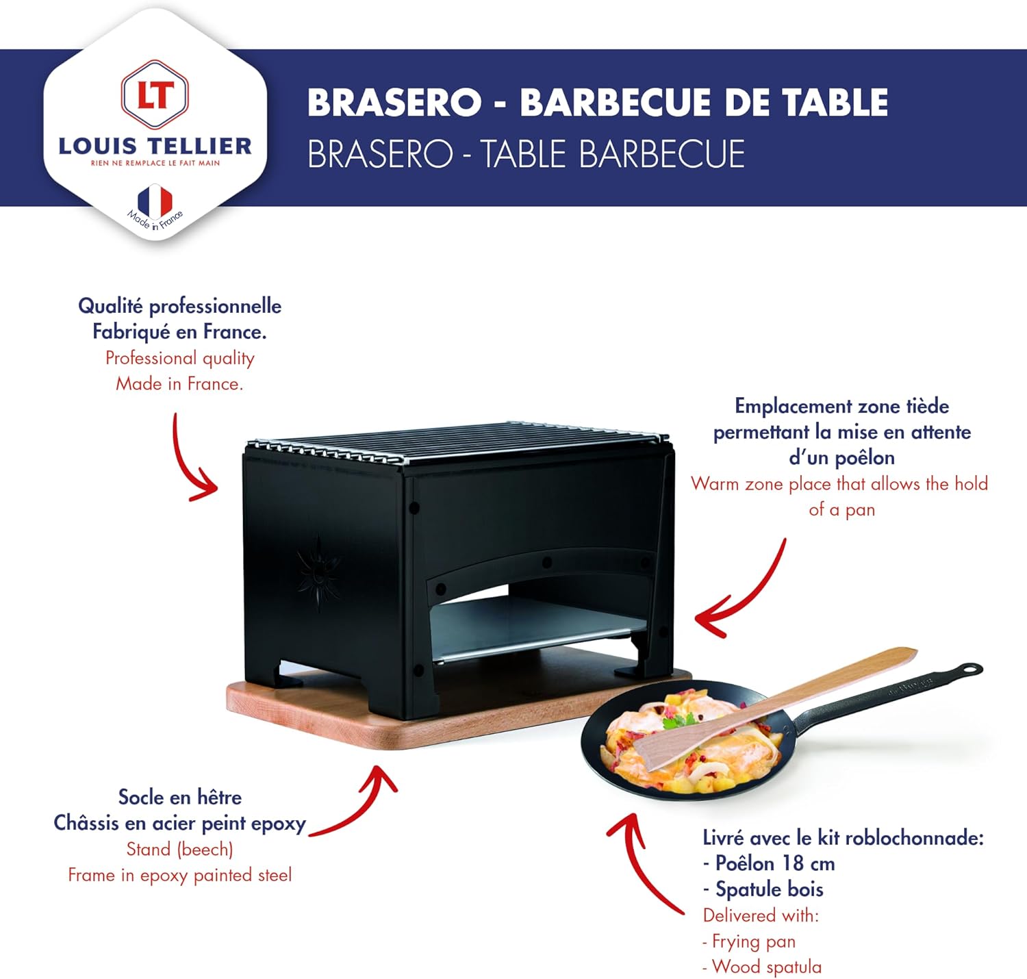 Barbecue de Table à Charbon de Bois - Extérieur et Intérieur - Portable - Qualité Professionnelle - Poêle et Spatule Incluses - Acier Epoxy - 33 x 22 x 21,5 cm - Fabriqué en France 33 x 21,5 x 21,8 cm