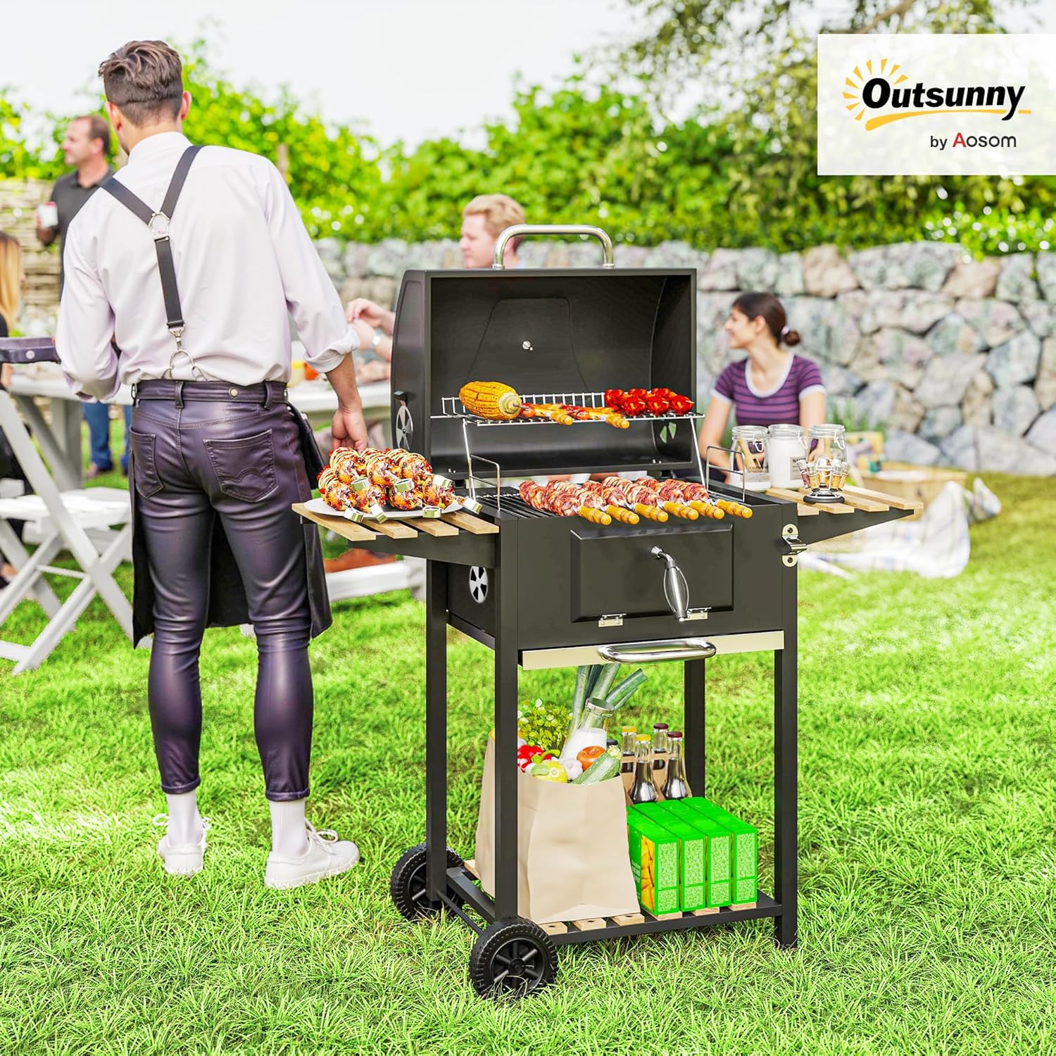 Barbecue charbon de bois chariot de cuisson hauteur réglable, barbecue fumoir portable avec couvercle, grille, thermomètre, étagères, roues et décapsuleur, noir