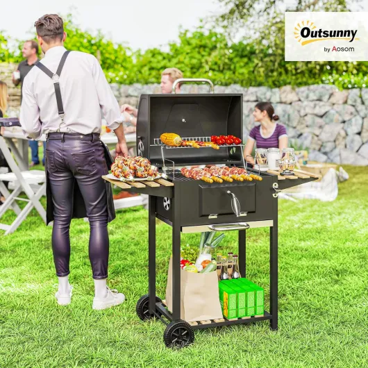 Barbecue charbon de bois chariot de cuisson hauteur réglable, barbecue fumoir portable avec couvercle, grille, thermomètre, étagères, roues et décapsuleur, noir