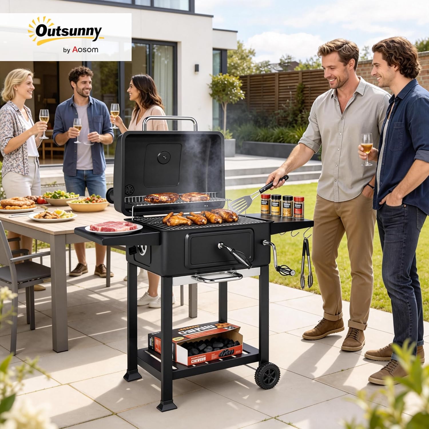 Barbecue charbon de bois avec bac à charbon réglable, chariot grill de jardin fumoir avec grille de maintien au chaud, tablettes latérales, cheminée, aérations, roues et thermomètre, noir