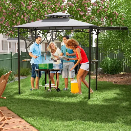 Tonnelle de Barbecue 318 x 153 cm avec Auvent Latéral, Abri Barbecue Cadre en Métal avec Dessus à 2 Niveaux 2 Etagères Latérales Crochets de Suspension Décapsuleur, pour Jardin Cour (Gris) Deluxe - Avec Auvent Latéral Gris