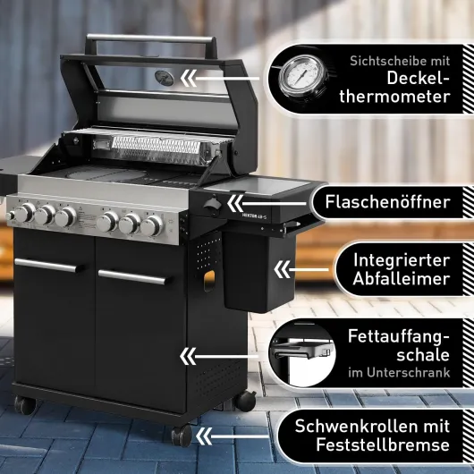 Hektor 4B-S 60020 Station de barbecue à gaz 4 brûleurs + réchaud latéral et brûleur infrarouge 22,2 kW Chariot avec meuble bas et roulettes Noir/argenté