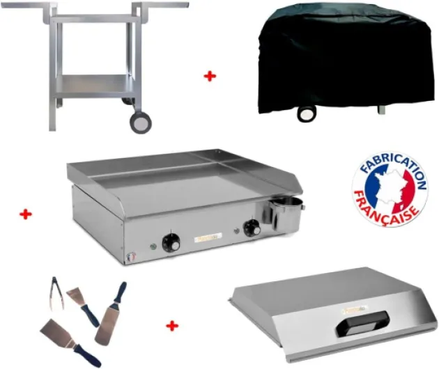 PLANCHAELEC - Pack Complet Plancha Electrique NEO E530-2400W - Chariot + Accessoires - Inox - Thermostat Réglable - 8 Personnes - Made In France - L53 X P43 X H18 cm