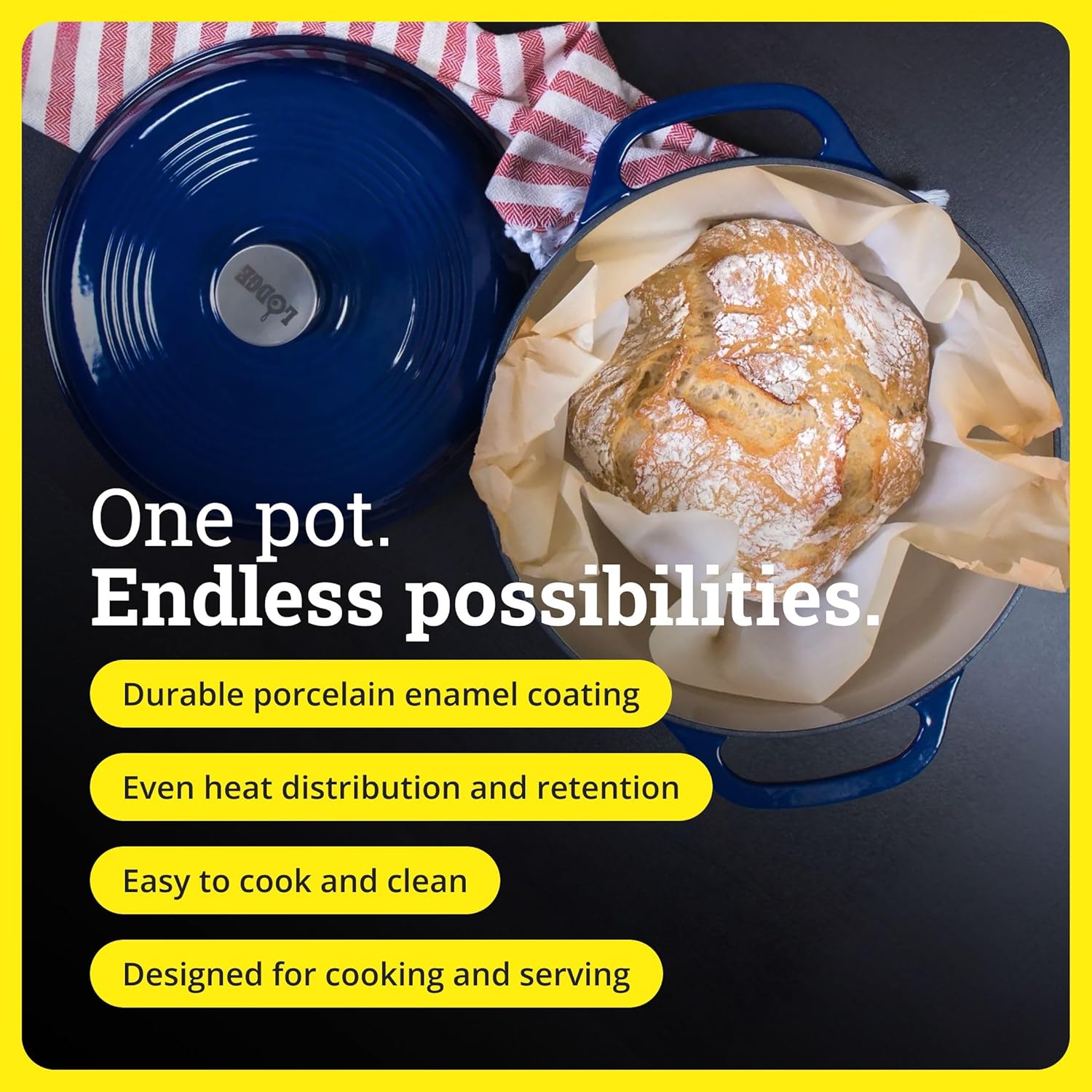 Lodge Cocotte en fonte émaillée de 6 litres avec couvercle – Deux poignées – Passe au four jusqu'à 260 °C ou sur la cuisinière – Utilisation pour mariner, cuisiner, cuire, réfrigérer et servir – 6 pintes Indigo 6 Quart Faitout