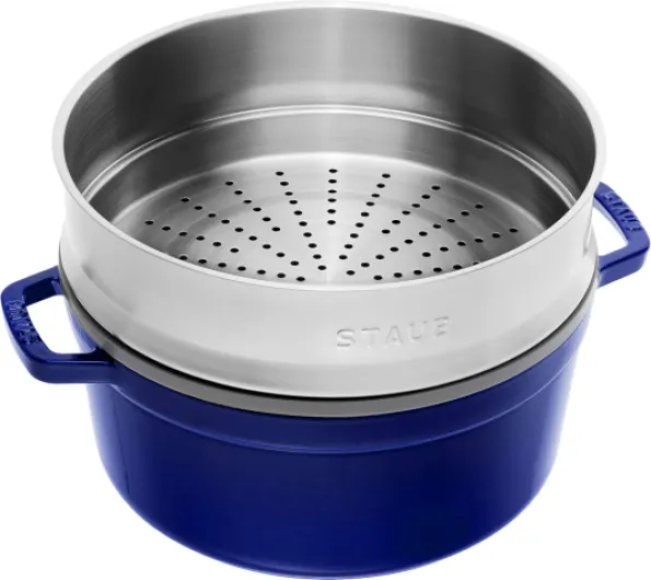 Cocotte en Fonte Émaillée avec Couvercle et panier vapeur, Tous feux dont induction, 4 à 5 personnes, Ronde, 26 cm, 5 L, 7,2 kg, Bleu Intense
