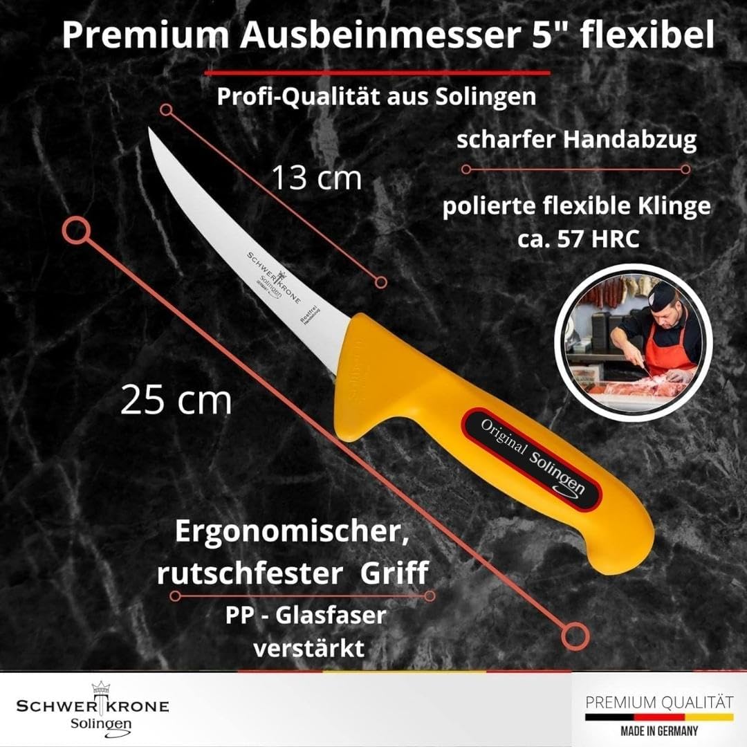Schwertkrone Solingen Set de couteaux 7 pièces - Couteaux de boucher professionnel Made in Germany - Couteau de boucher, couteau à désosser, couteau de boucher, fusil à aiguiser Lot de 7 couteaux de boucher
