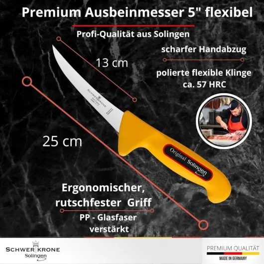 Schwertkrone Solingen Set de couteaux 7 pièces - Couteaux de boucher professionnel Made in Germany - Couteau de boucher, couteau à désosser, couteau de boucher, fusil à aiguiser Lot de 7 couteaux de boucher