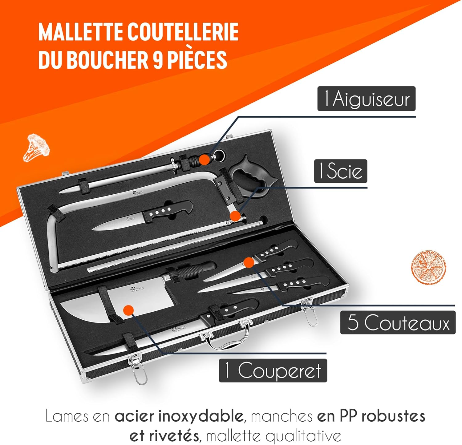 Mallette Coutellerie du Boucher 9 Pièces - Couteaux de Boucher, Scie, Aiguiseur - Acier Inoxydable 420J2 - Mallette Aluminium - Logo Gravé, Noir,argent
