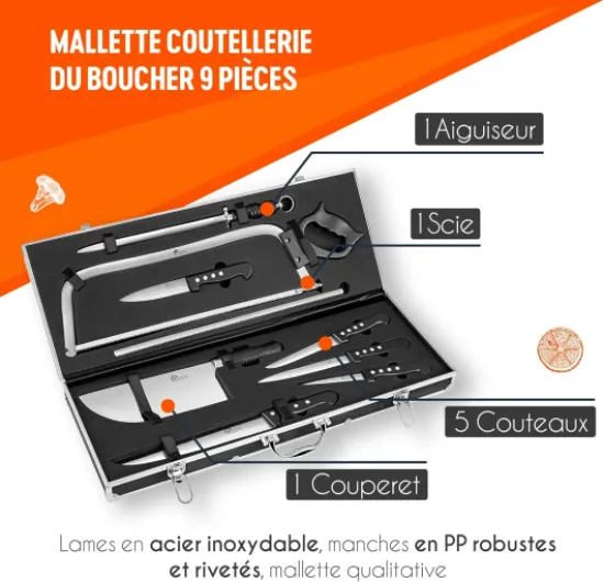 Mallette Coutellerie du Boucher 9 Pièces - Couteaux de Boucher, Scie, Aiguiseur - Acier Inoxydable 420J2 - Mallette Aluminium - Logo Gravé, Noir,argent