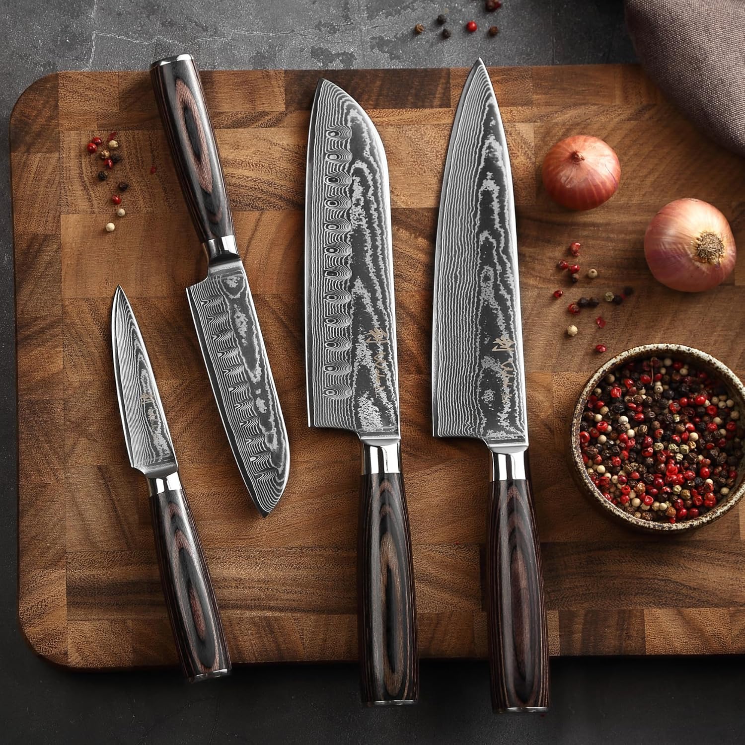 EDIB Essentials Set de 4 couteaux en Damas I Lames en acier damassé à 67 couches avec noyau VG10 et manches en bois de pakka I Couteaux de cuisine professionnels & couteaux damassés Ensemble de Couteaux de Chef - 4 Pièces