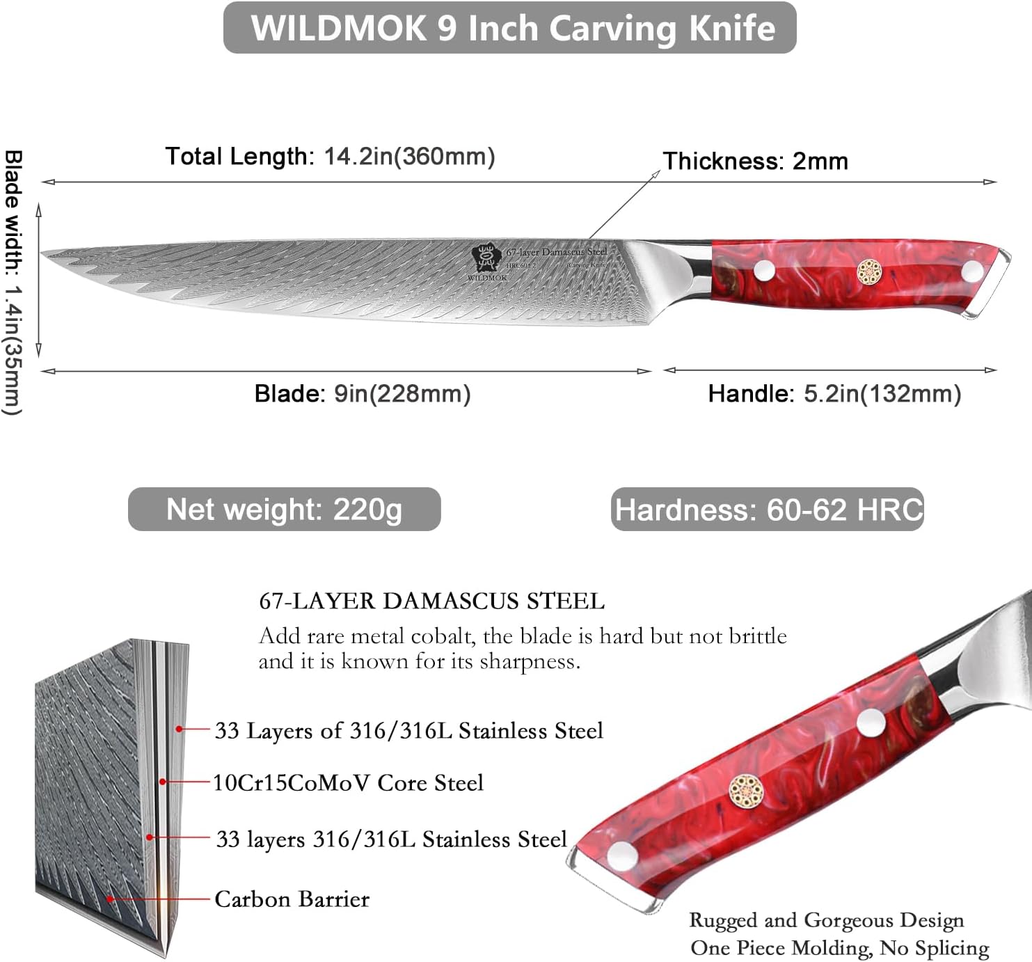 Damas couteau à découper couteau à viande pointu professionnel 23cm super vg10 couteau de cuisine multifonction à manche complet en acier japonais Mains en Résine Rouge